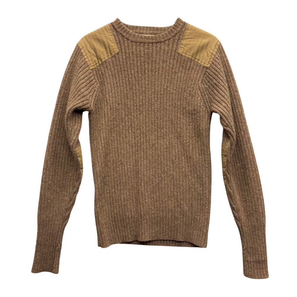 LL Bean Mens Merino Lambswool Commando Sweater Brown Shoulder Elbow Patch Size M